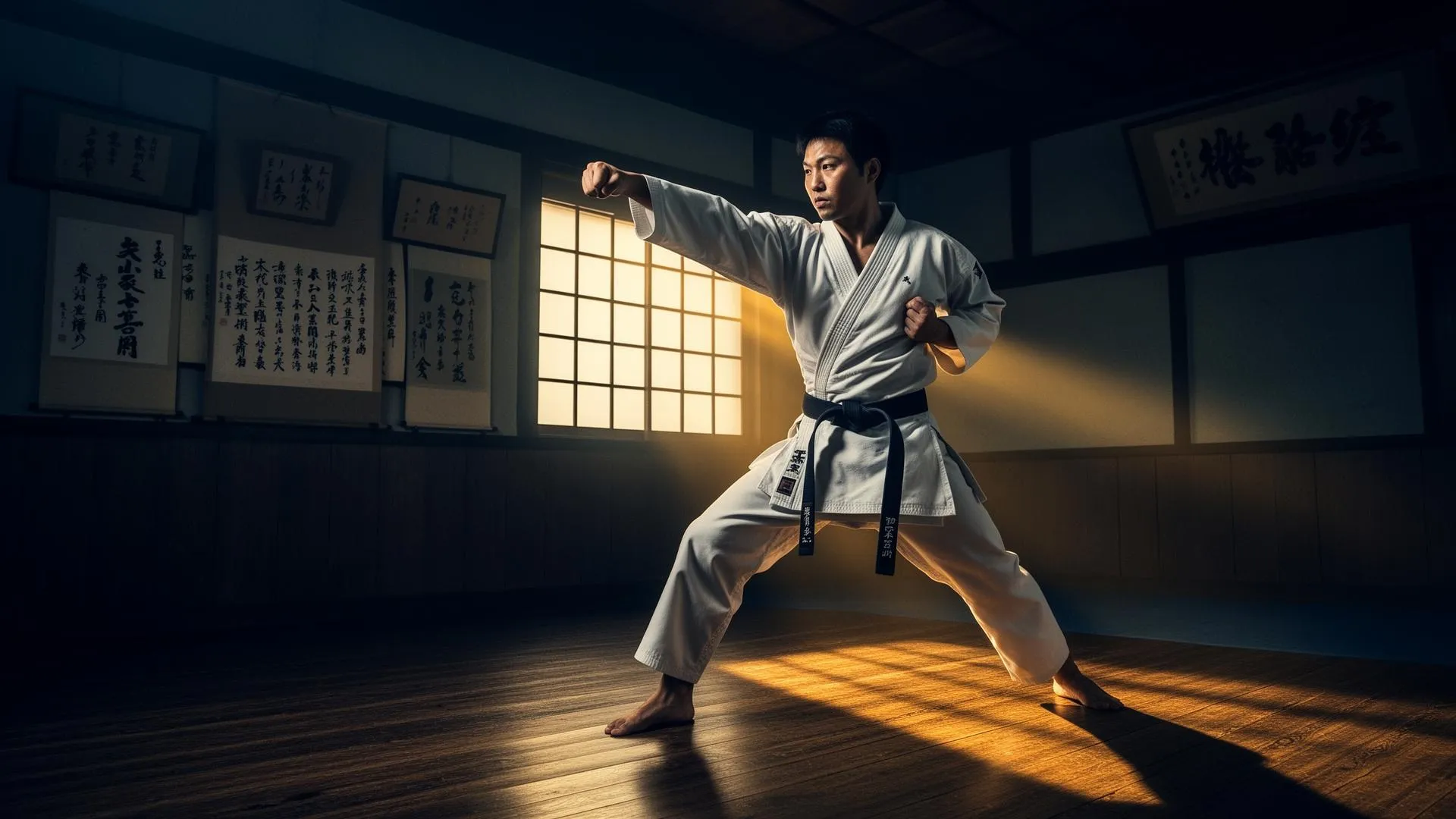 Karateca em dojo tradicional